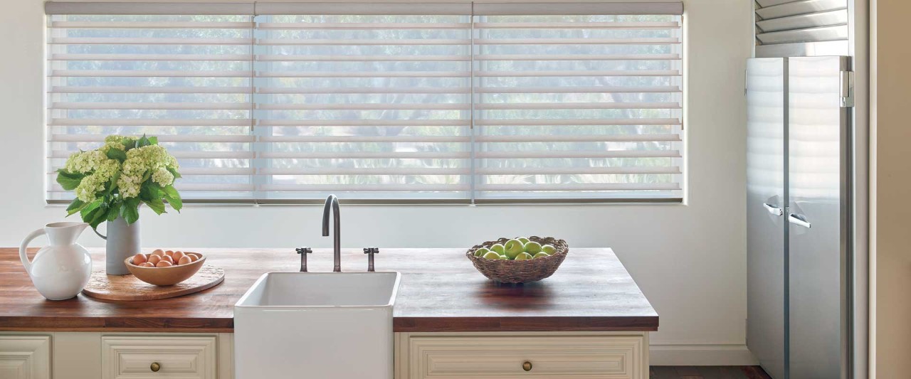 Transitional kitchen with Silhouette sheer shades.